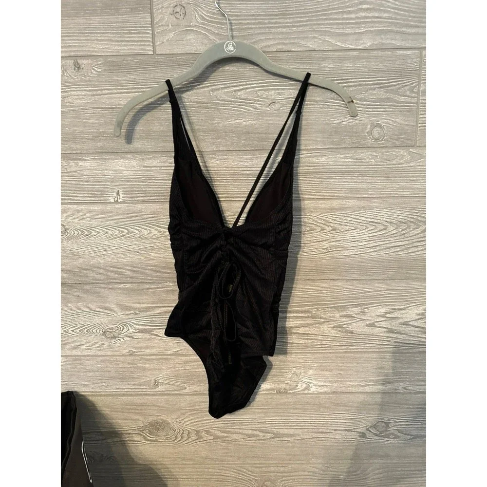 TINIBIKINI Black Ribbed Lace Up Plunge One Piece Swimsuit Women's S‎